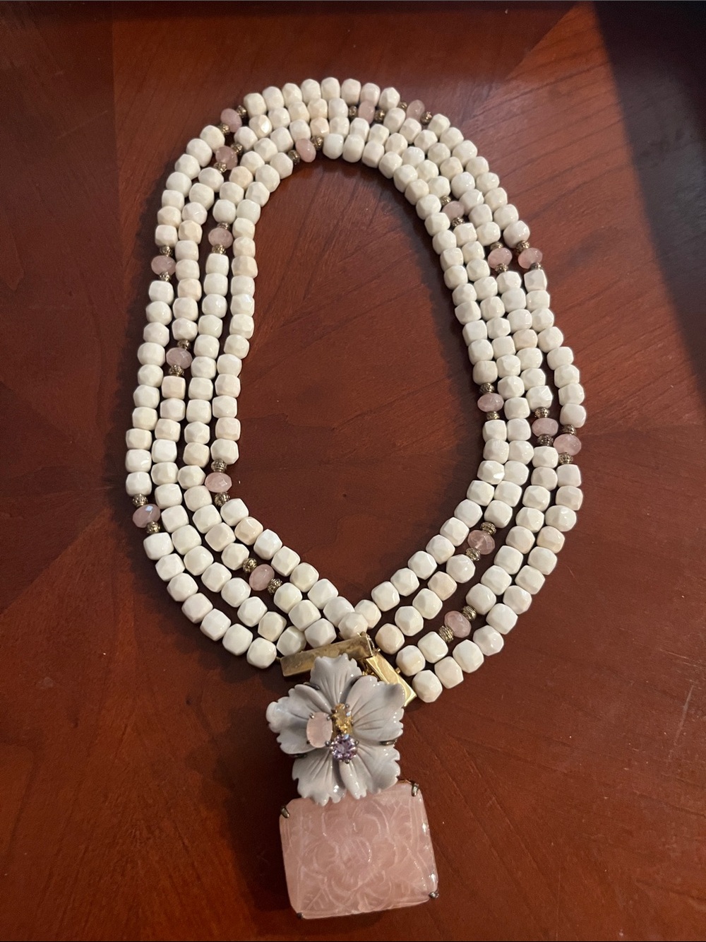Elegant White and Pink Beaded Statement Necklace with Floral Pendant